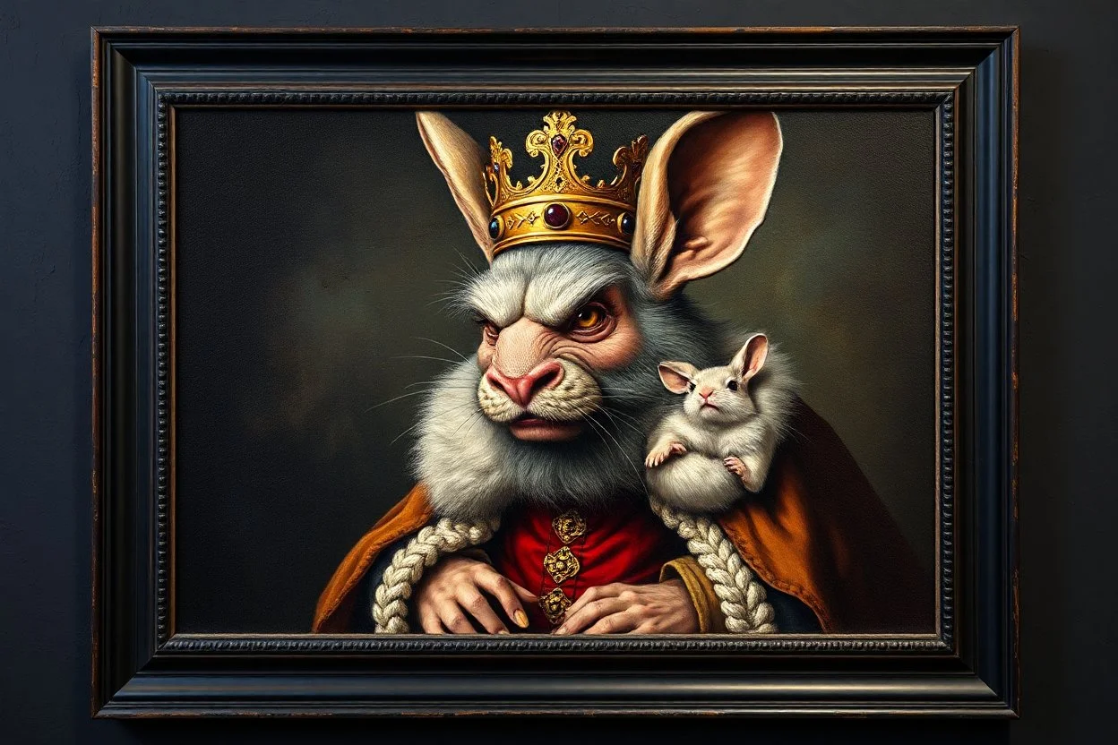 king troll mouse rabbit in style of Rembrandt and Fallout 4, with motion blur, all on a painting on wall with black wooden frame and with black wall background