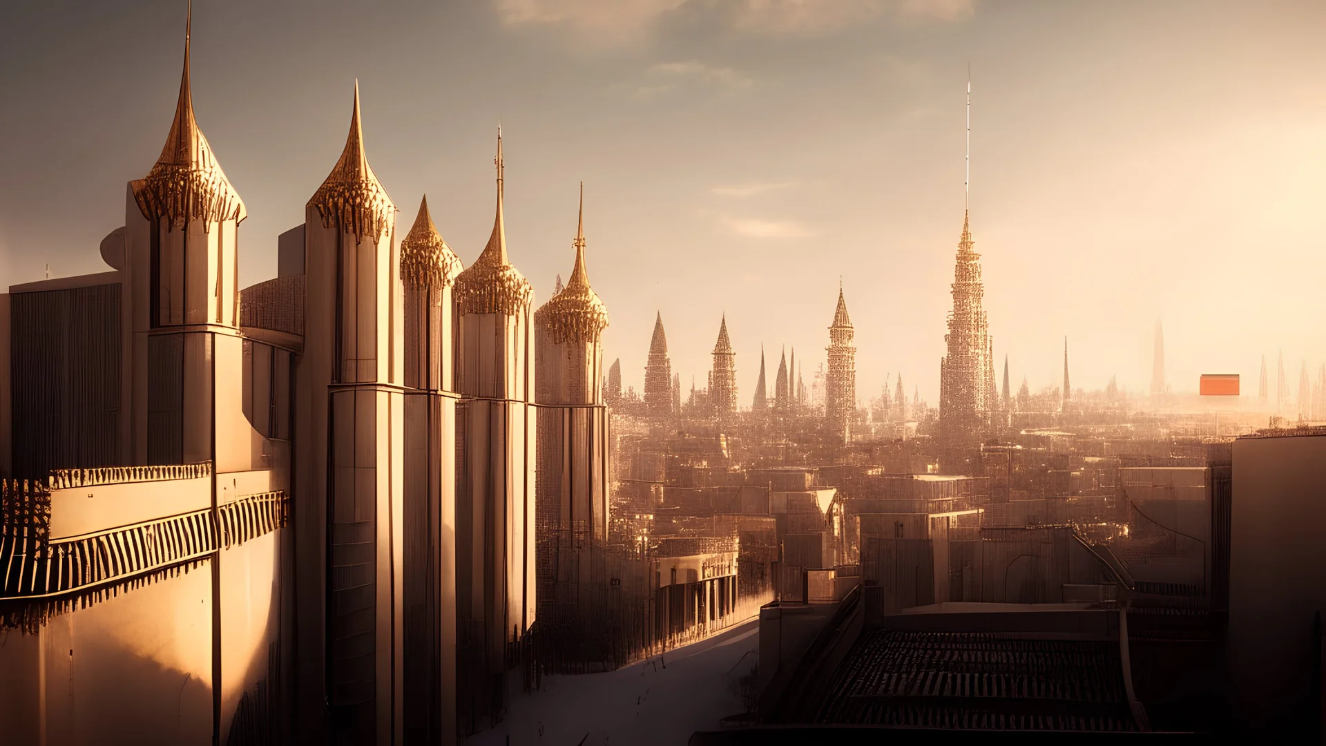 /imagine prompt: realistic, personality: [An awe-inspiring shot reveals the majestic emirate city of Malagri. Towering buildings made of shimmering gold and intricate architectural details fill the screen, evoking a sense of wonder and grandeur. The city is bathed in golden sunlight, casting a warm glow over its bustling streets and vibrant markets. This shot establishes Malagri as a place of beauty and opulence, serving as an oasis of hope for the young men.] unreal engine, hyper real --q 2 --v