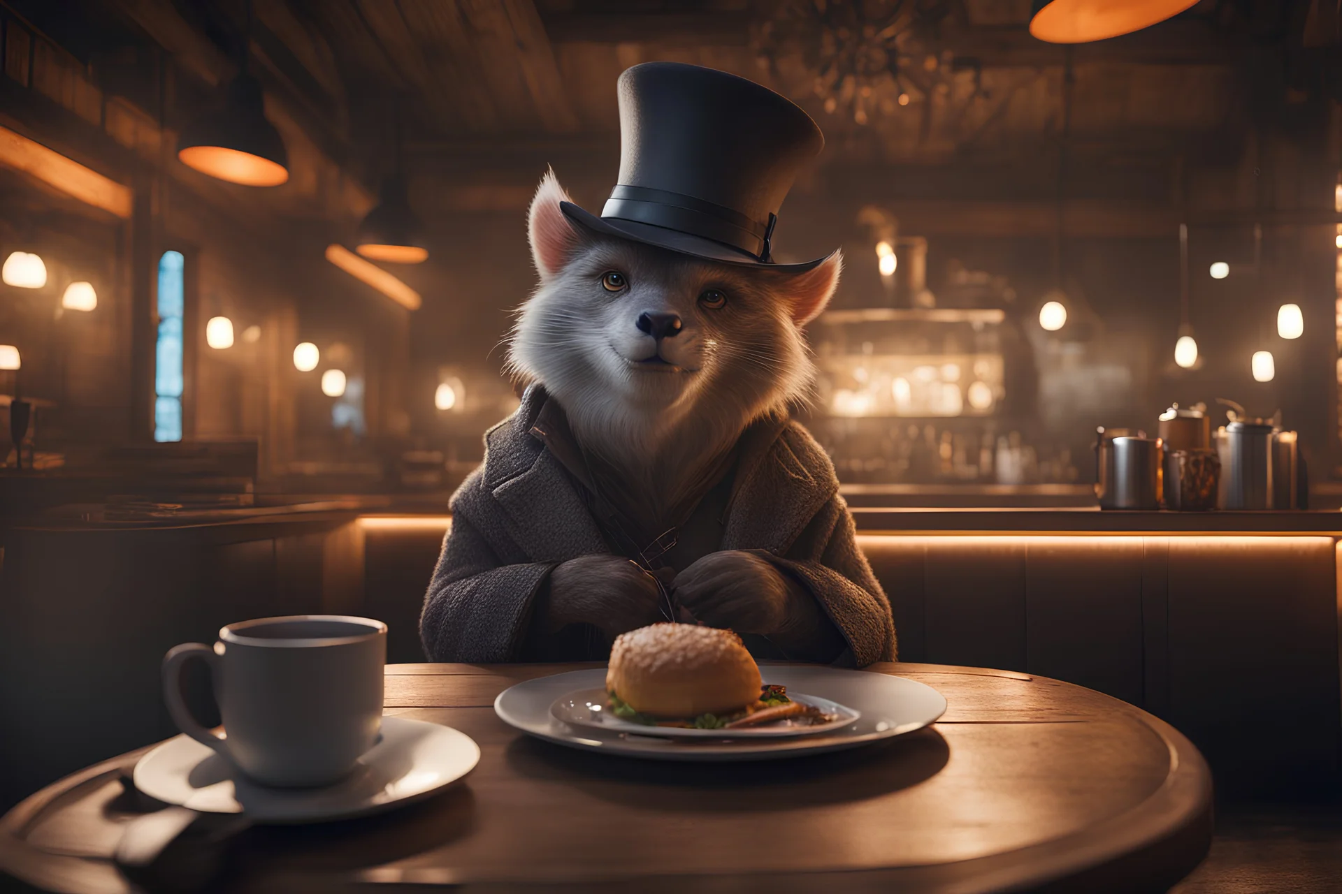 Strange, beautiful creature drinking at a restaurant, Cinematic lighting, Volumetric lighting, Epic composition, Photorealism, Bokeh blur, Very high detail, Sony Alpha α7, ISO1900, Character design, Unreal Engine, Octane render, HDR, Subsurface scattering