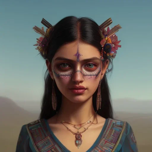 Detailed portrait of a young gypsy woman, contrasting colors, arrow makeup on her eyes, unreal engine, greg rutkowski, loish, rhads, beeple, makoto shinkai and lois van baarle, ilya kuvshinov, rossdraws, tom bagshaw, alphonse mucha, global illumination, detailed and intricate environment