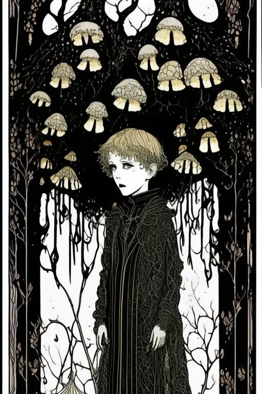 7 year old boy, friendly, looks dead, with weird mushrooms growing out of him, wearing black robes, in the style of Harry Clarke