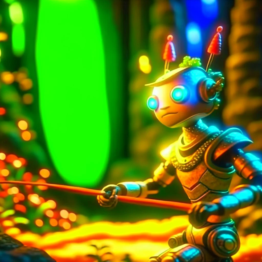 portrait of a cute chat robot shooting bow and arrow in the underground grove, in the style of dali, 8k, down-light, soft light, depth of field, photo realism, trending on art station, high detail,