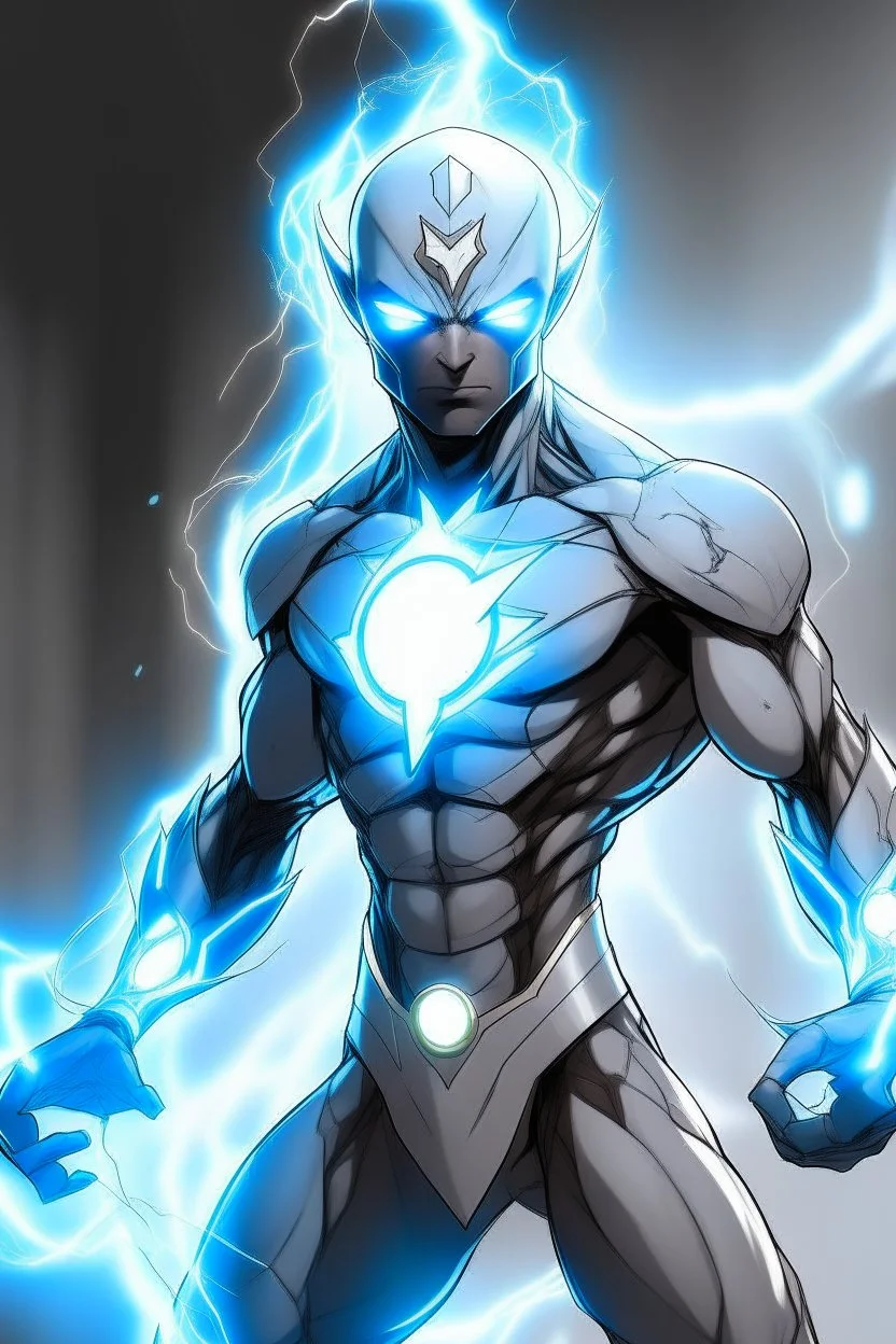 a drawing character that can control lighting and hes a superhero, hes kinda see through , and has a grey skin tone, and has a GYATT he has lightning surrounding him