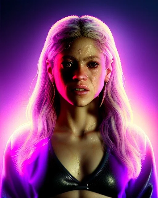 portrait, Shakira, blonde artist, angry, Realistic image, MMA robe, hoodie, mouthguard, nose, band aid, loose long hair, eyes make up, perfect, glow, circle iris. Rain, fog, Neon colors, leds. Dark background, photo studio, neon lights. concept art, smooth, unreal engine 5, god lights, ray tracing, RTX, lumen lighting, ultra detail, volumetric lighting, 3d, finely drawn, high definition, 4k.