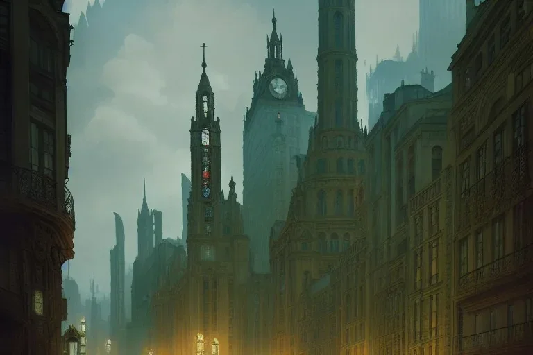 Chicago Parisien building London+Edimburgh+Gothic town+Art deco Metropolis +alphonse mucha, greg rutkowski,matte painting, cryengine, hyper detailed, felix kelly, fantasy art, seb mckinnon