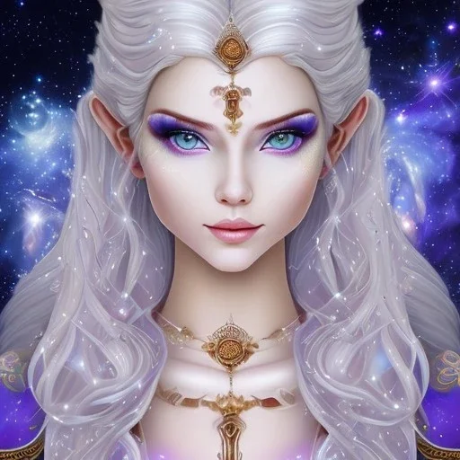 cosmic mage, elf, female, cosmic magic, long ears, white hair, face details, pale skin, jewellery, broad shoulders, sharp ears, cosmic clothes, cosmic eyes, ears shown, the cosmos in eyes, shining eyes, thin face, detailed ears, magical eyes, closed mouth, make up, smiling face, happy face, pointy ears