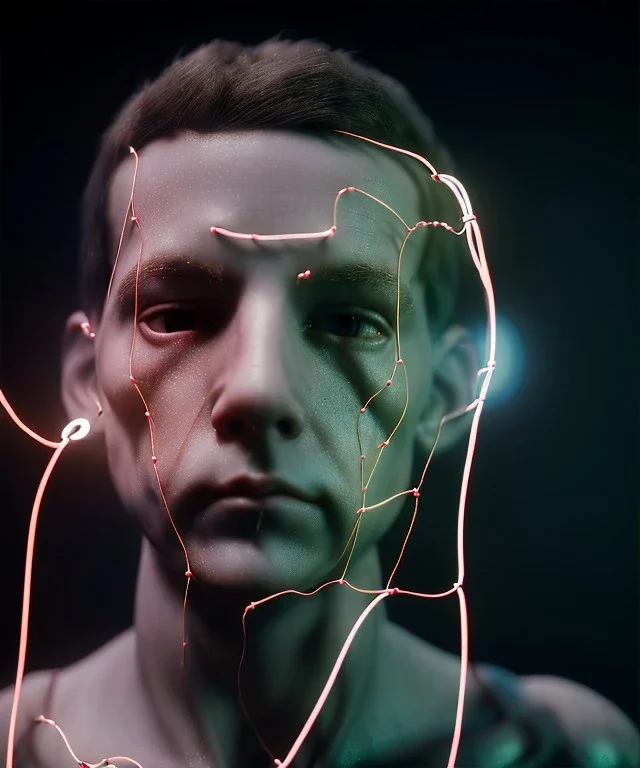 Ultra realistic photographic night portrait, medium shot view, cinematic, many clones naked, young, face shaved, led lights <child man> <hanging wires> many wires connected to the head <perfect pupil> <cyborg> <garage> <sci-fi futuristic> <thriller>, fog, soft color, highly detailed, unreal engine 5, ray tracing, RTX, lumen lighting, ultra detail, volumetric lighting, high definition.