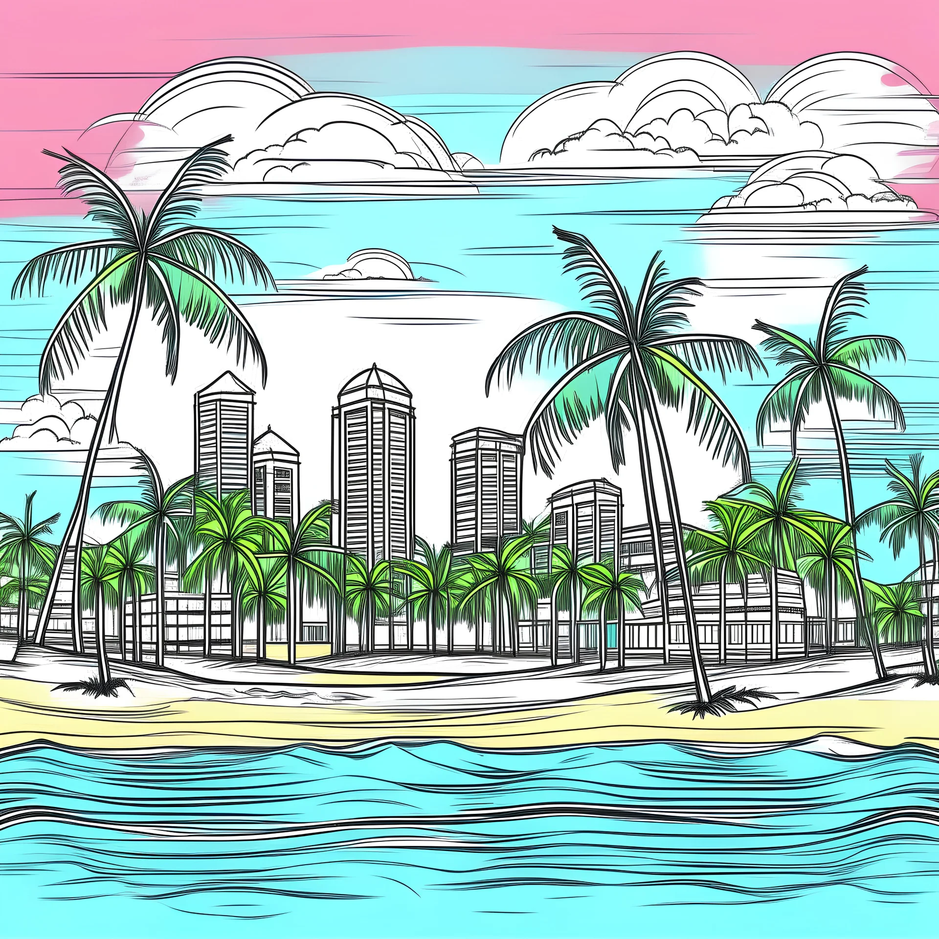 florida city with beach and palms color drawing