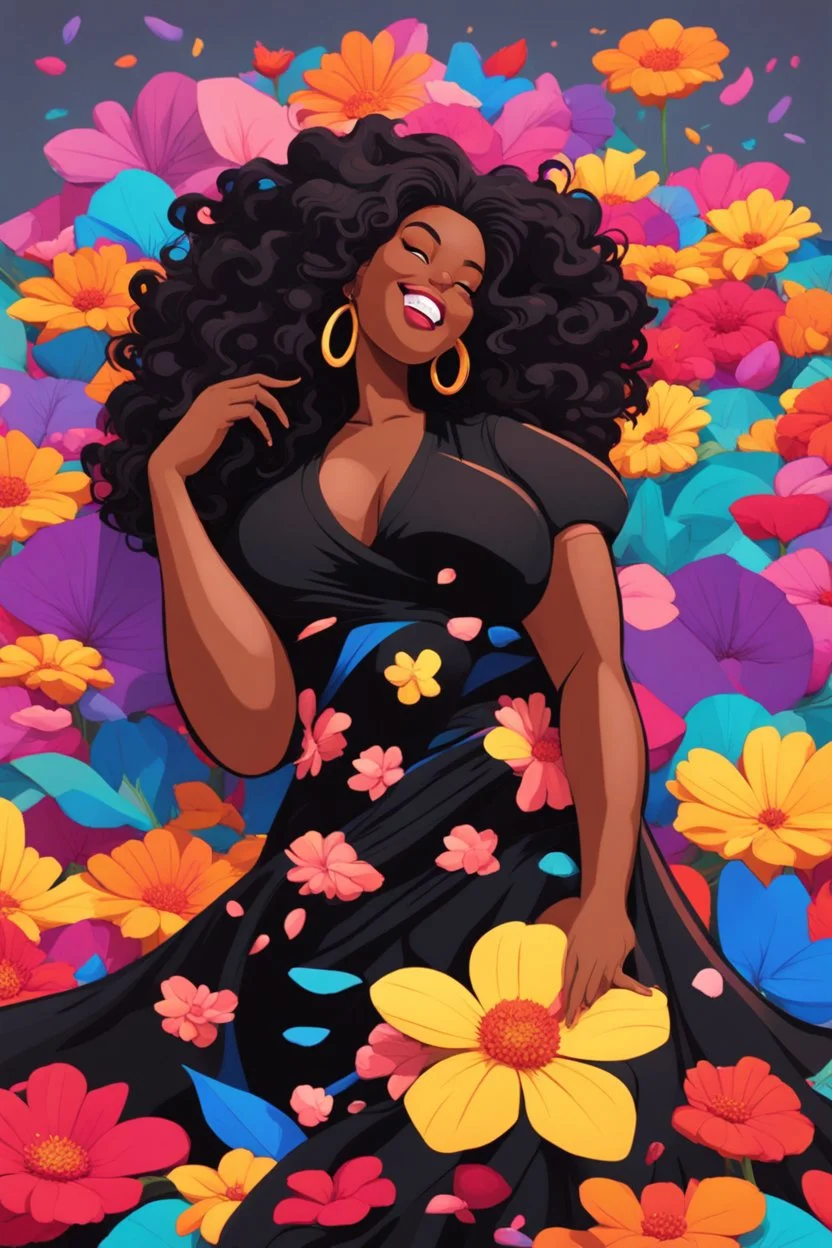 A sassy thick-lined vibrant cartoon art style cartoon black female lounging lazily on her side, surrounded by colorful large flower petals. her curvy body silhouette a black maxi dress. Looking up coyly, she grins widely, showing teeth. Her poofy hair forms a mane framing her confident, regal expression.