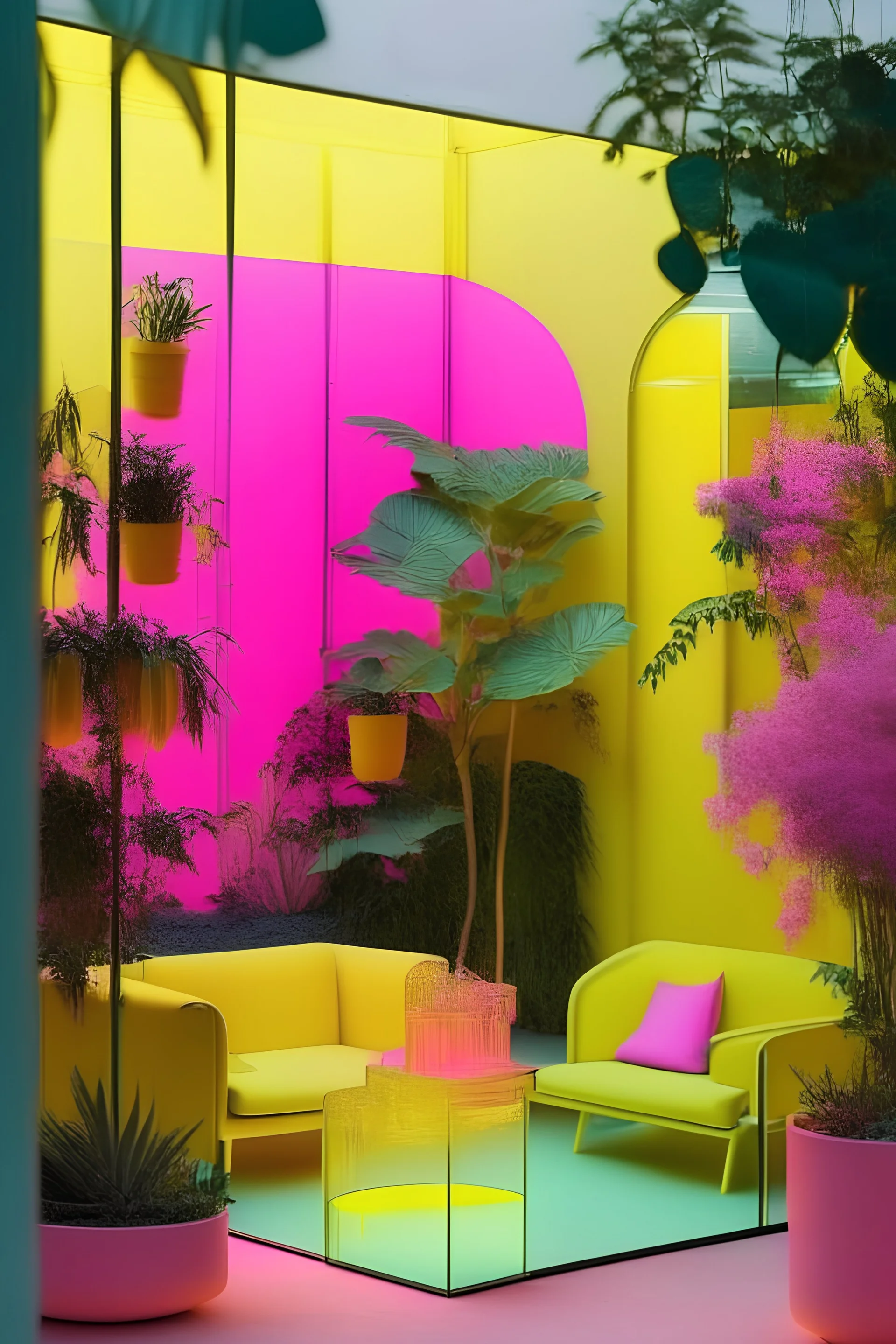 Garden, yellow walls, transparent glass furniture, modern, LED pink lighting, modern art, cool vibes, patio furniture, plastic colourful plants, lanterns