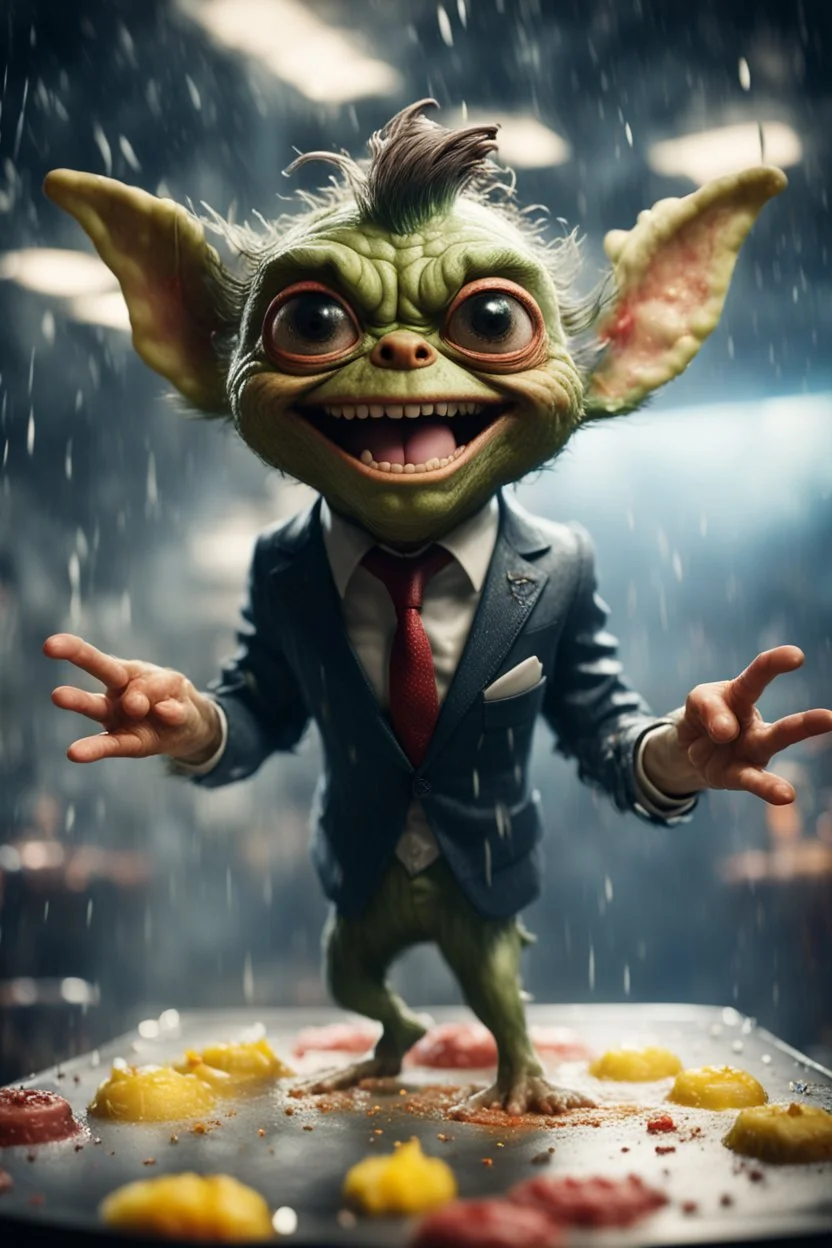 portrait of happy gremlin soaked in cake in suit flying in wind tunnel birthday party in a storm cloud, in the style of a fallout 4,bokeh like f/0.8, tilt-shift lens 8k, high detail, smooth render, down-light, unreal engine, prize winning