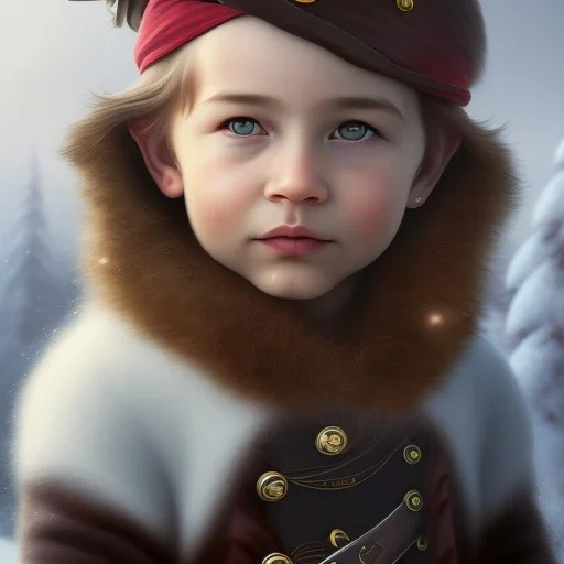 Portrait of pirate boy child with brown hair and with cute face, north pole snowy vibe , perfect composition, hyperrealistic, super detailed, 8k, high quality, trending art, trending on artstation, sharp focus, studio photo, intricate details, highly detailed, by greg rutkowski