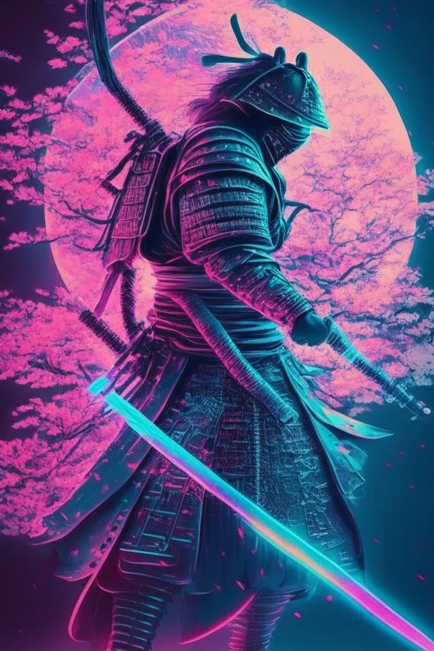 Mystical samurai emitting an aura with a long, neon sword emitting an aura