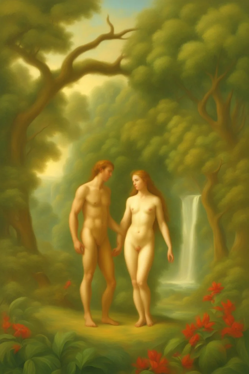 Adam and Eve in a very beautiful paradise, in the style of oil painting