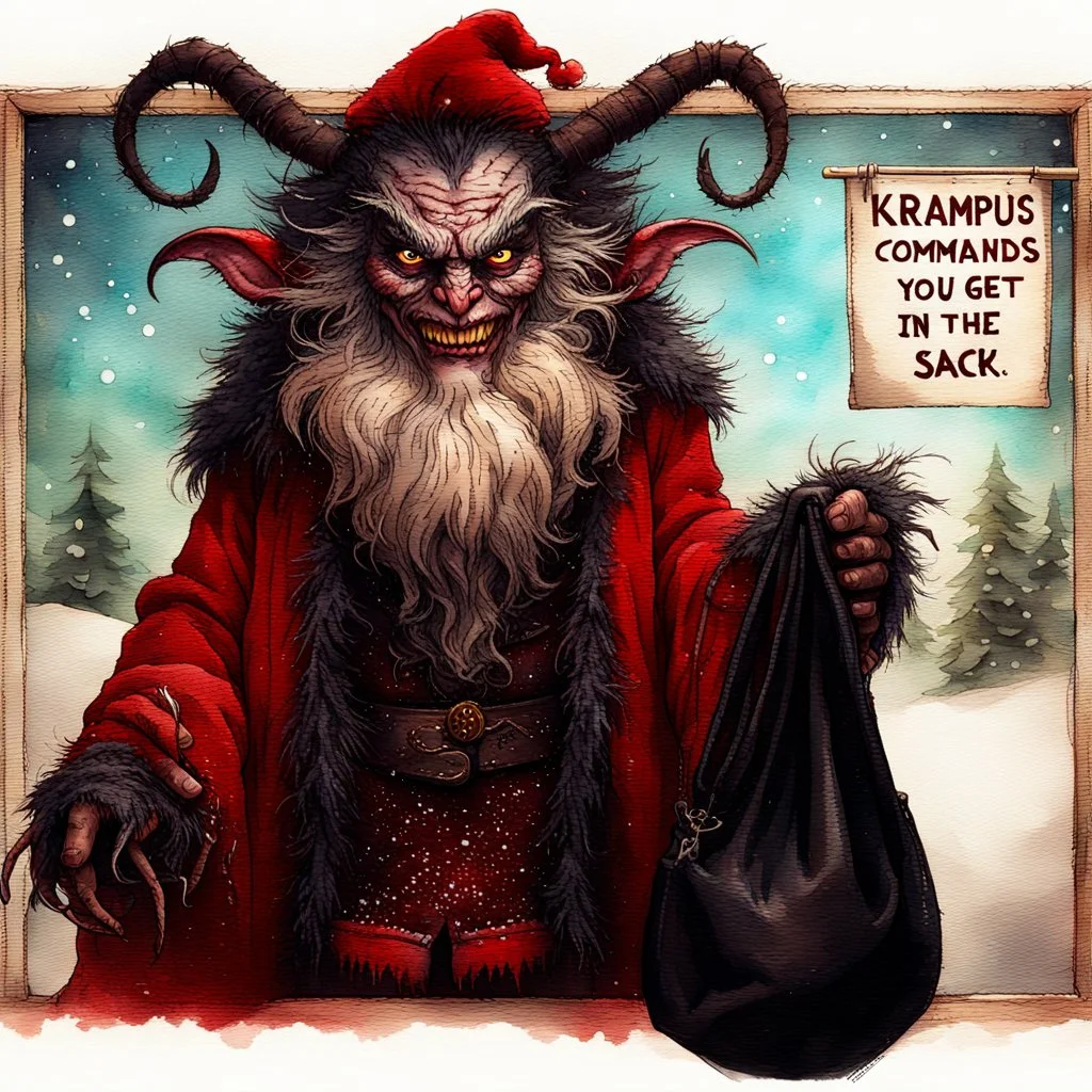 Watercolor oil paint. Medium shot. A Burtonesque Krampus wears a tattered dark red outfit with dingy white fur trim. He looks directly at the viewer holding an empty black Santa sack. Winter background. Caption reads "Krampus commands you to get in the sack." Hyperrealistic splash art concept art. Intricately detailed. Vibrant color depth. Dramatic 2/3 face angle. Side lighting. Colorful background. masterpiece, best quality, 8k, intricate, trending on artstation.