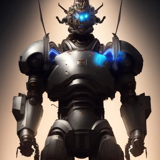 a beautiful full frame digital painting of futuristic cyborg samurai robot with power sword, glowing ayes, wide angle view, macro lens, titanium accents, intricate details, small minutiae, tiny features, particulars, colorful, 8k, least ambient occlusion, volumetric lighting, volumetric clouds. art by Yoji Shinkawa