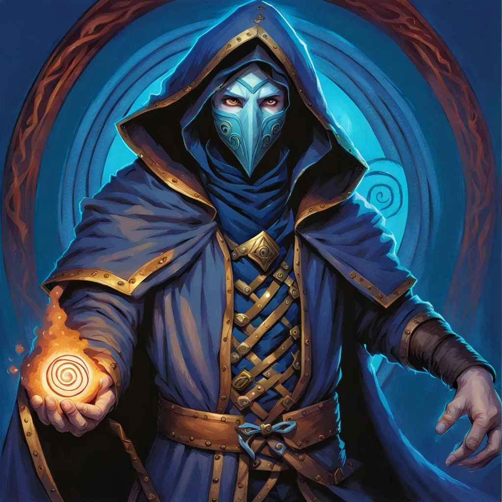 90's fantasy tcg art of a hooded man with a spiral mask in a blue circus