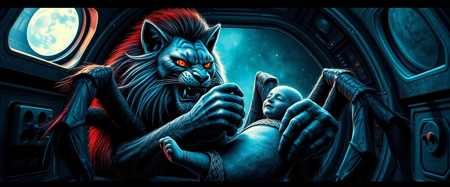 gritty air brush 3d with pen outline, vampire space spider lion cat holding a human in its grip, pin hole cam in doll house space ship