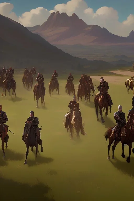 renaissance painting of mounted knights galloping across an open field, swords in hand, mountains in distance