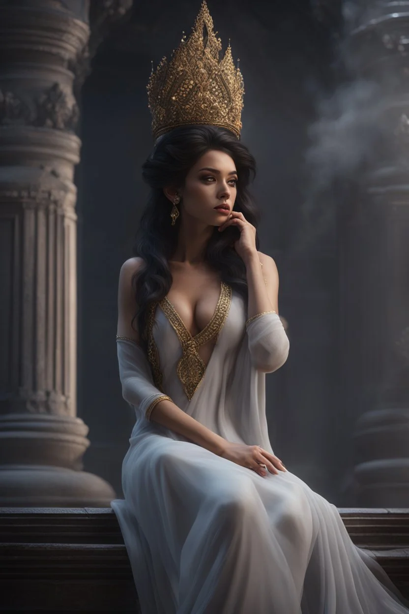 the goddess of Hades. smoking hair. front shot. volumetric fog, Hyperrealism, breathtaking, ultra realistic, unreal engine, ultra detailed, cinematic lighting, highly detailed, breathtaking, stunning temple environment, naked truth.