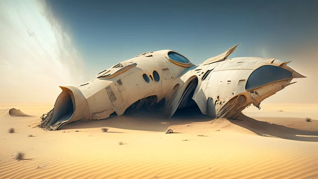 aerodynamic spaceship, in a desert, ruined buildings