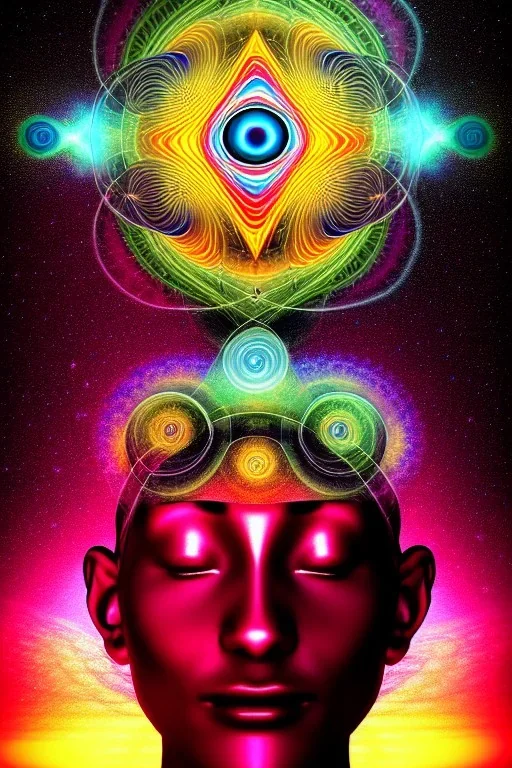 meditation, third eye, universe, fourth dimension, fractal, realistic, 8k, high quality, extreme detail, symmetrical, chakra, human