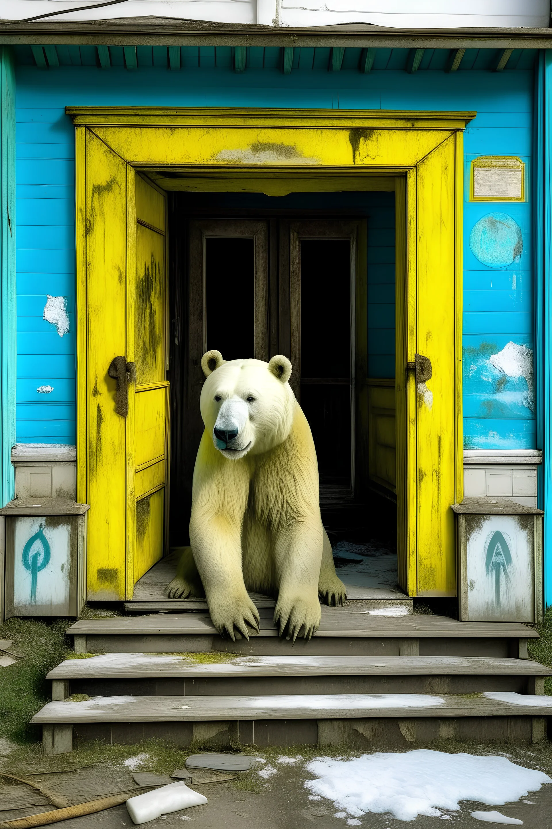 a polar bear sitting in the doorway of a dilapidated building. The building's walls are textured and painted a flaking yellow, with signs of weathering and age. The doorway is framed by a faded turquoise trim, and the bear is positioned squarely in the center, looking directly at the viewer. The wooden porch where it sits shows significant wear, with broken and missing slats. The overall setting suggests abandonment and contrasts the wild animal with a human-made structure.