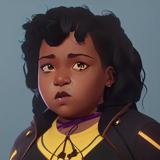 Portrait of a chubby black 10 year old girl warlock with black curly hair