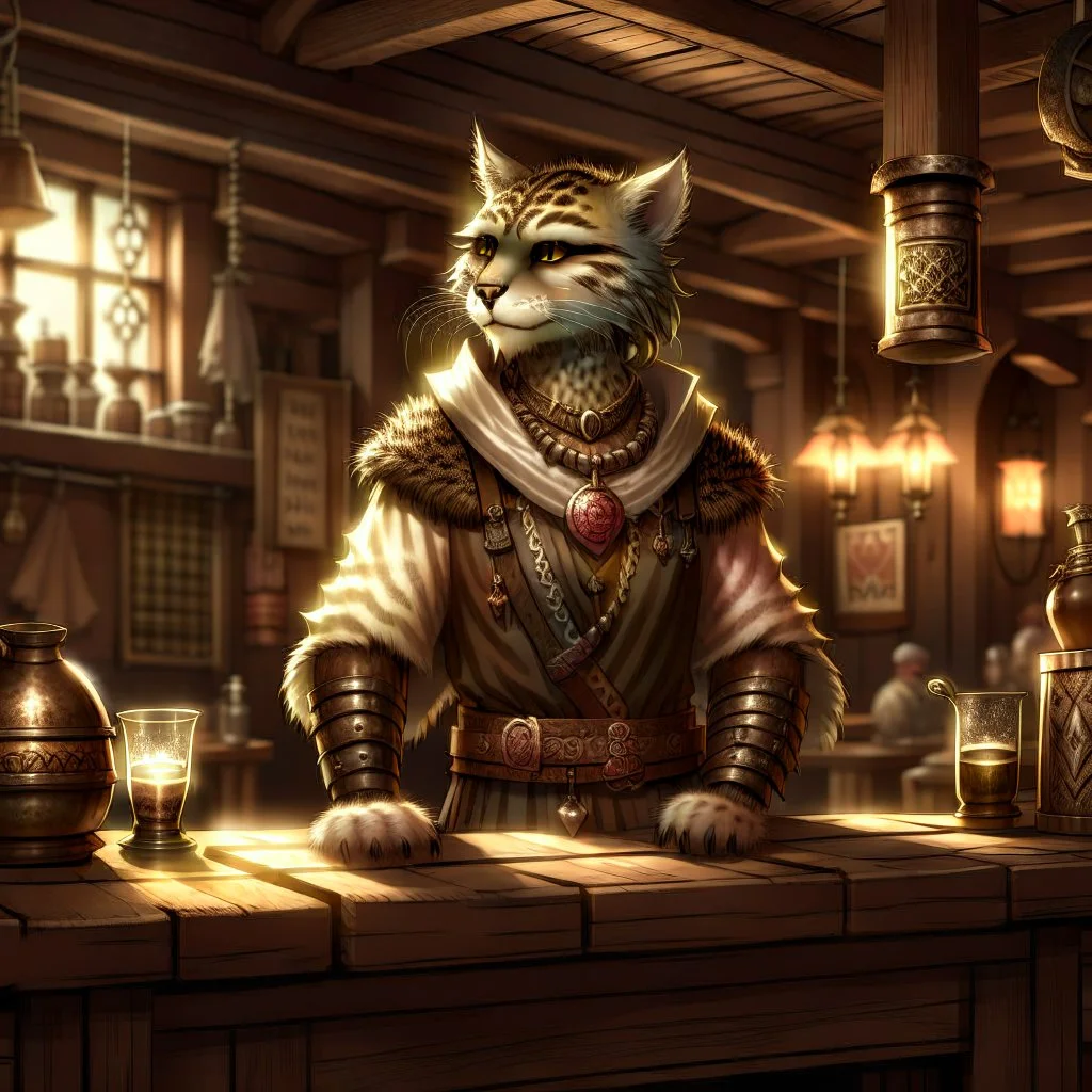 A khajiit dressed in rags with brown spotted fur in a medieval fantasy tavern