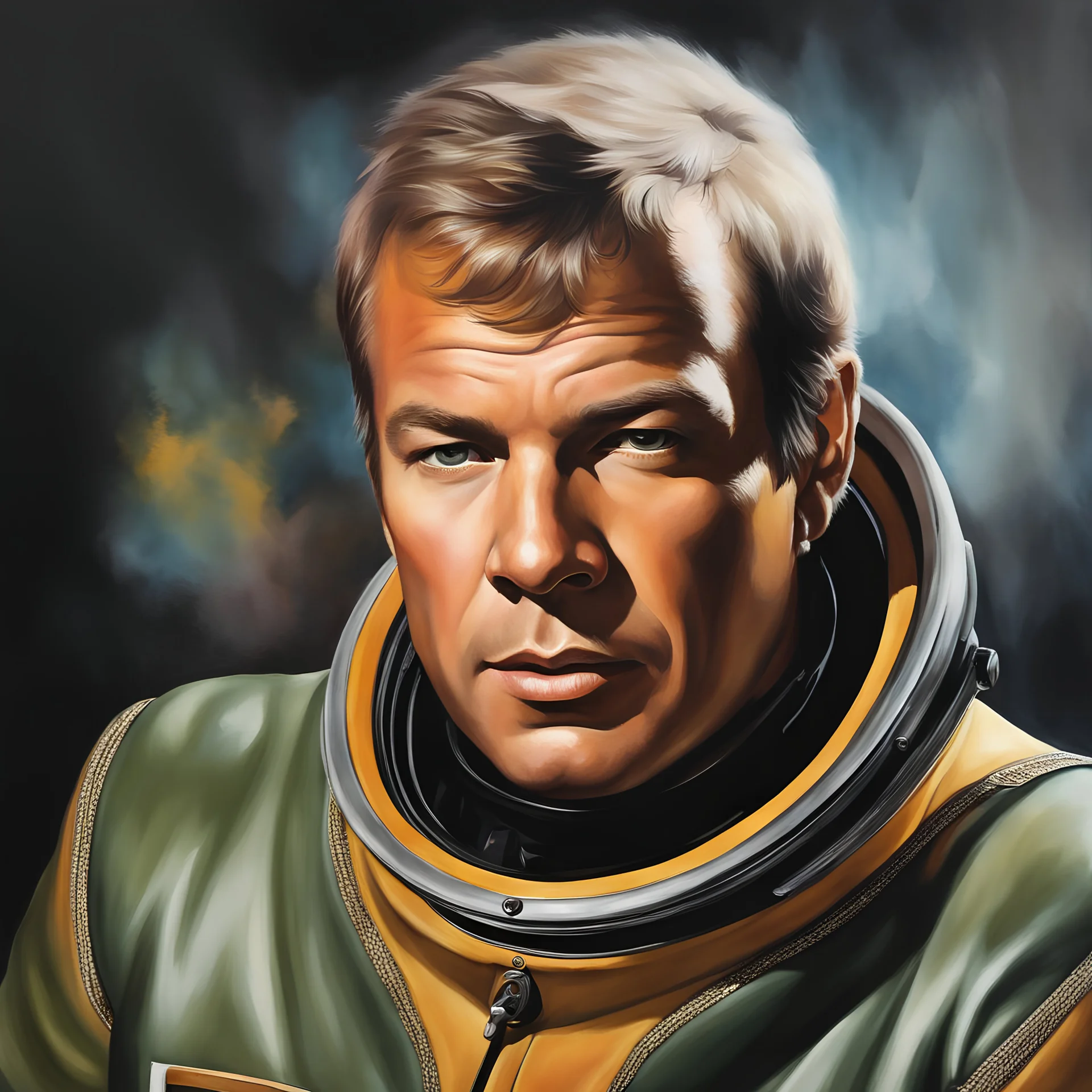 Captain James T. Kirk, Facial Portrait, dark, multicolored watercolor stained wall in the background, oil painting in the art style of Boris Vallejo, 32k UHD, Hyper realistic, photorealistic, realistic, sharp, highly detailed, professional quality, beautiful, awesome, majestic, superb, trending on artstation