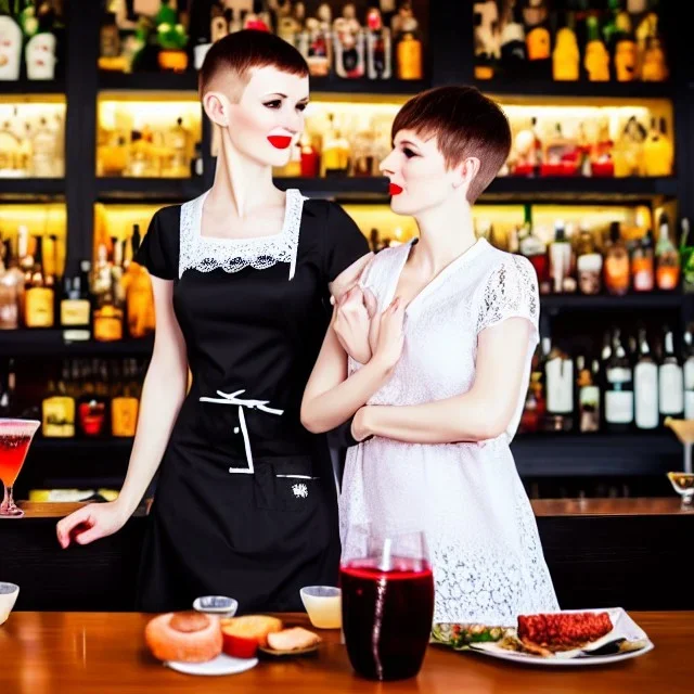 Russian guy young widow short man's haircut men's face boyish features in black girlish lacy cocktail dress as mother in restaurant