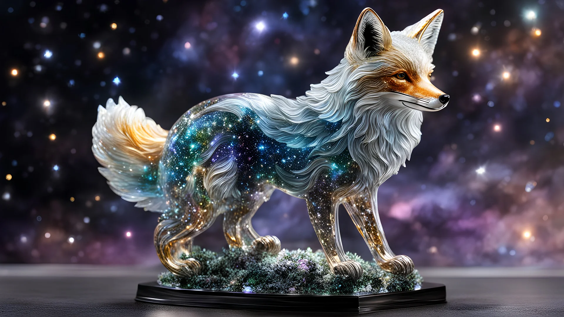 intricate transparent glass interstellar nebula fox statue made of galaxies, flora and fauna, hyper realistic, ultra detailed, elegant, beautiful, 1 tail