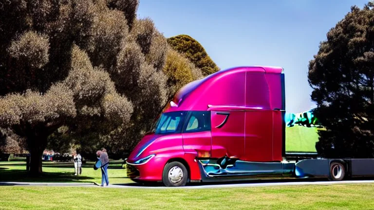 A Tesla semi-truck is parked, in the 'Golden Gate Park', in San Francisco. CINEMATIC. WIDE ANGLE LENS. PHOTO REAL.
