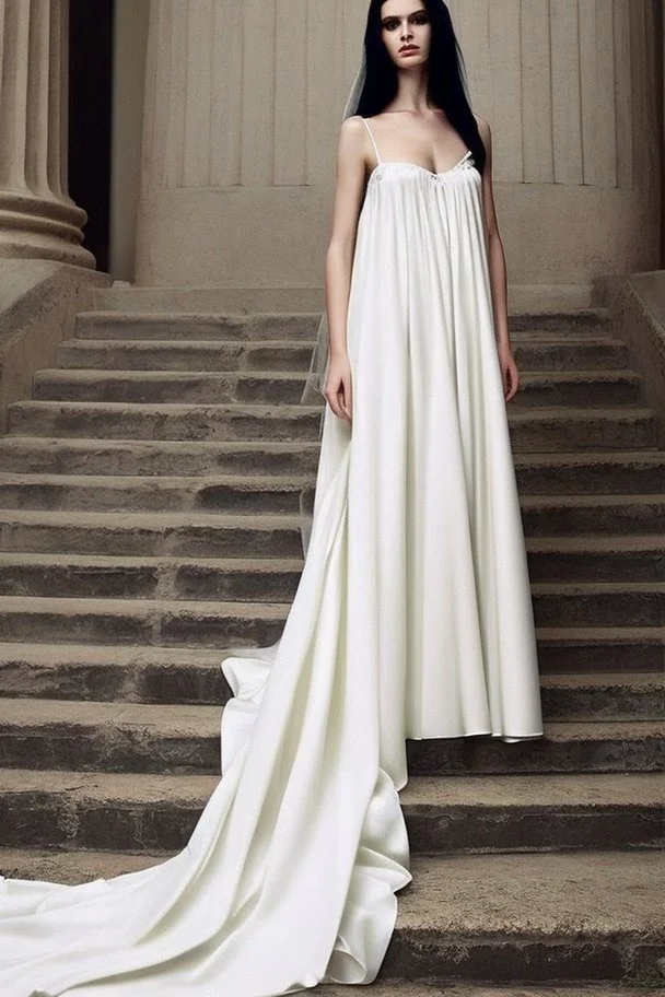 A very long wedding dress similar to Greek dresses with long black hair Photorealistic