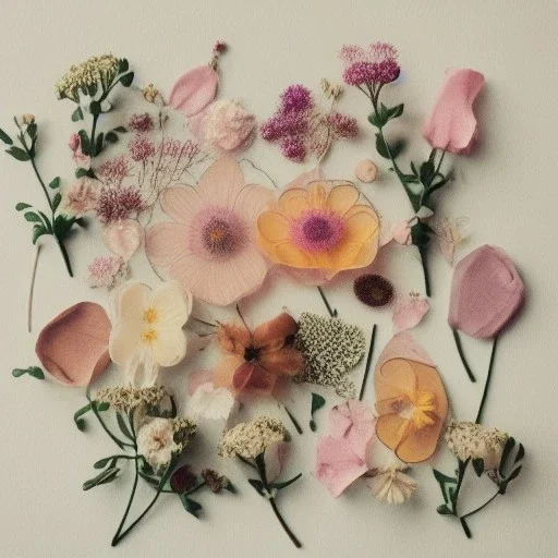 delicate arrangement of pressed flowers, beautiful composition, aesthetic layout, vintage, tender