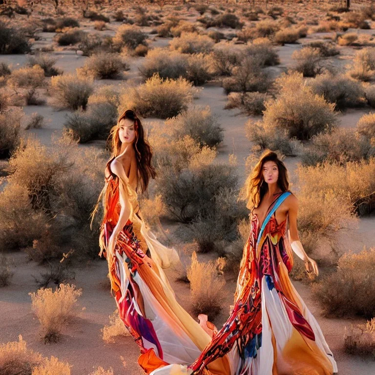 Isane pretty young woman Top Model in a stunning maximalist long flowy tribal dress, vogue, 8k, ektar, joshua tree, fashion. golden hour cinematic, rebecca guay, frank frazzeta