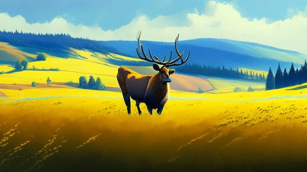 rolling hills of canola fields, elk in foreground, digital painting