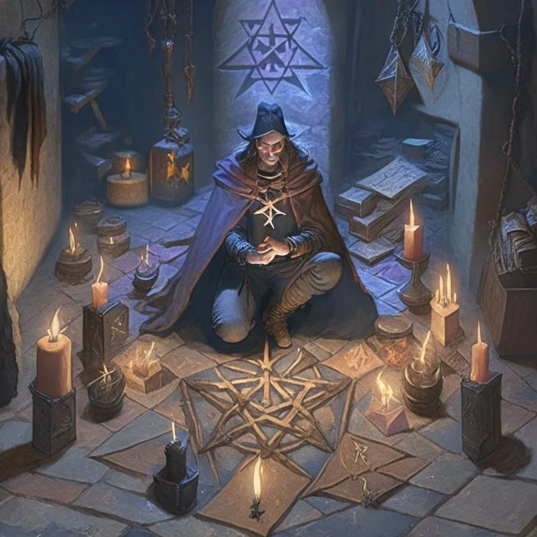 A warlock in his vaulted dungeon, a Pentagram and candles on the floor