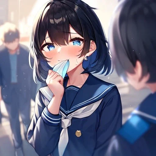 Clear focus,High resolution, Black short fluffy hair, and blue eyes, wearing a sailor uniform, blushing smiling with mouth open, crying, sad eyebrows