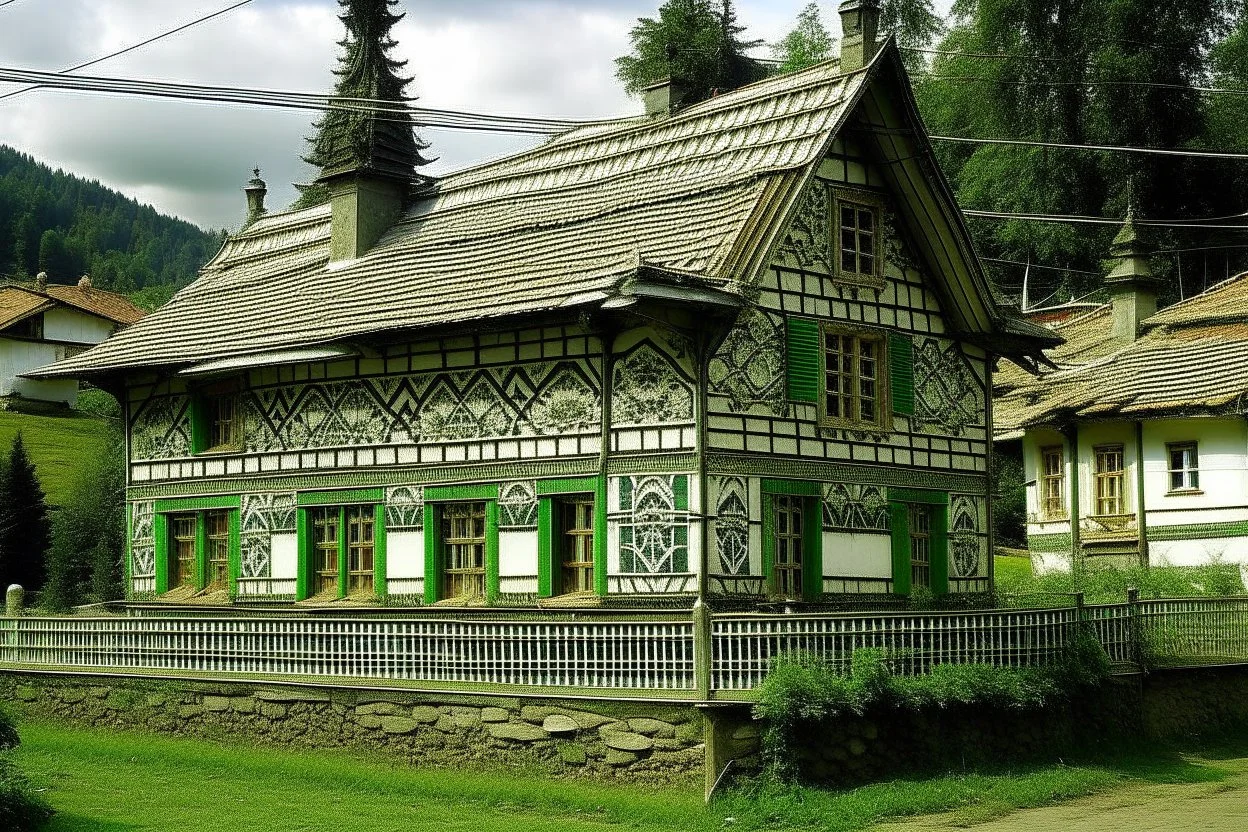 schita cu tema casa taraneasca din Bucovina , incadrata bine in rama , hasurat cu linii fine , cu mare acuratete si contrast , stil gravura pe metal