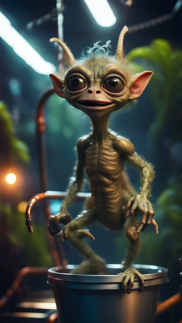 close up portrait of a really stretchy alien gremlin with arm hair standing on a sea horse in a bucket ski lift in dark lit reflective wet jungle metallic hall dome hotel tunnel, in the style of a game,bokeh like f/0.8, tilt-shift lens 8k, high detail, smooth render, down-light, unreal engine, prize winning