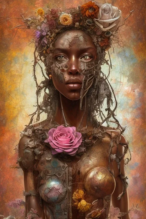 an abstract painting of rusted metal and flowers, heart filled with love African slave lady working, rust, scaffolding, iron cladding, decay, mixed media, textured, anatomically correct, beautiful perfect face, sharp focus, highly detailed