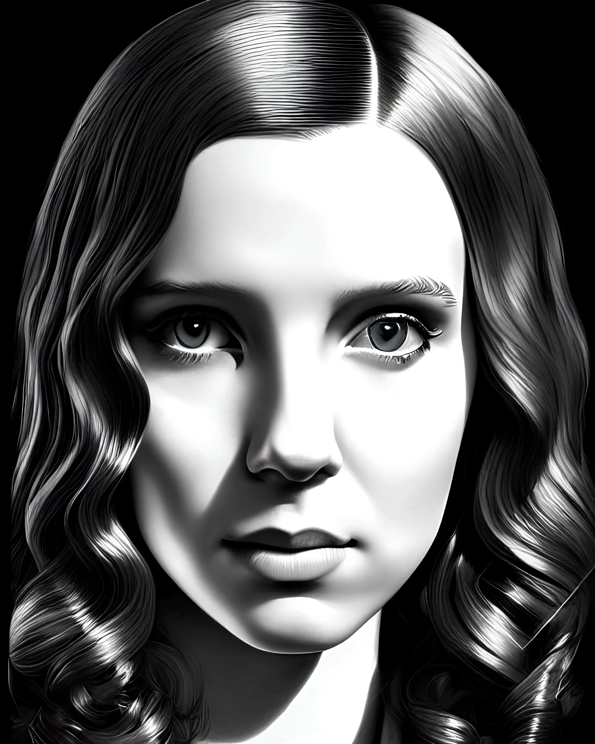 cinematic view, victorian look an feel, portrait of long hair millie bobby brown as enola holmes, hyper detailed, realist, awesome, chiaroscuro, high contrast, black and white, quill pen, gustave dorè style, artgerm, wlop