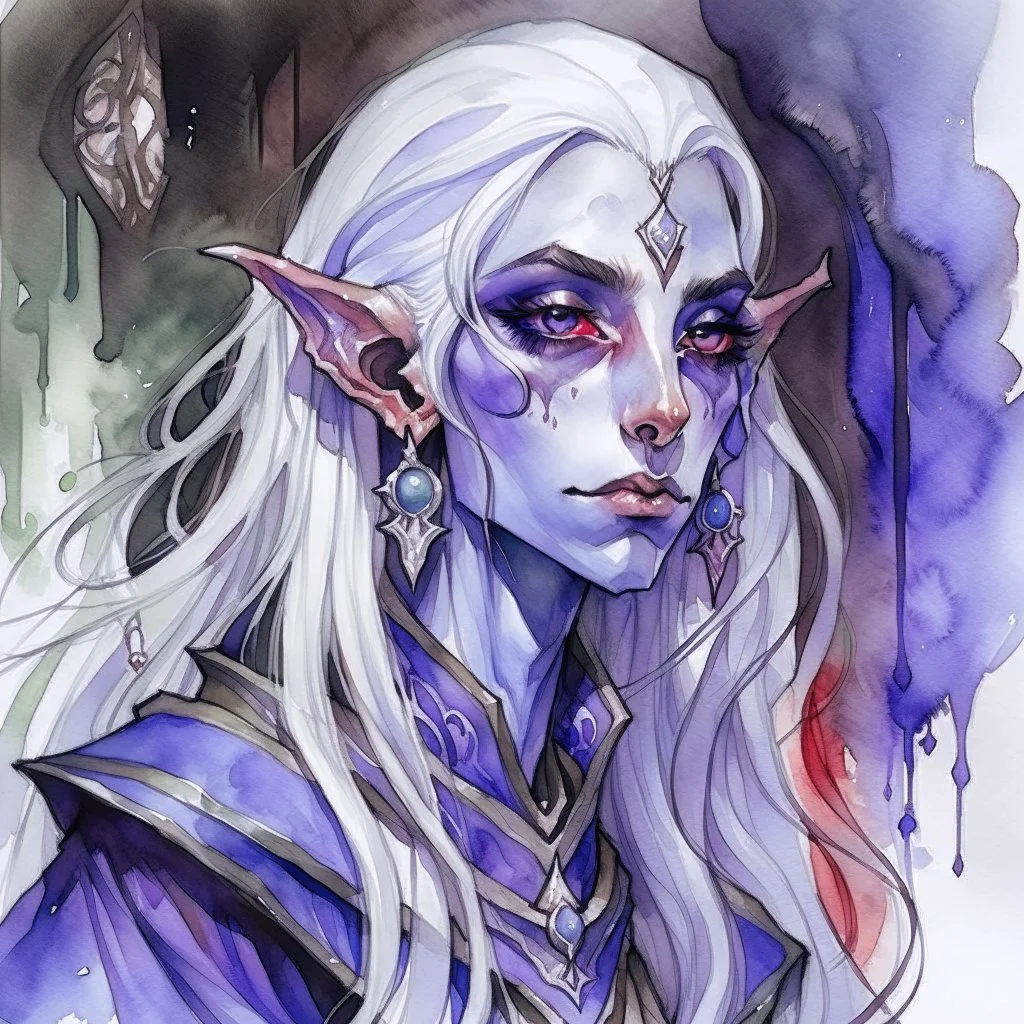 dnd, fantasy, watercolour, large strokes, stylistic, portrait, illustration, dull colours, woman, dark elf, drow, face, narrow long face, cruel face, cold demeanor, purple eyes, piercing eyes, vicious expression, white hair, very long hair streaming down the shoulders, lush hair, elegant, short small mouth, cruel smile