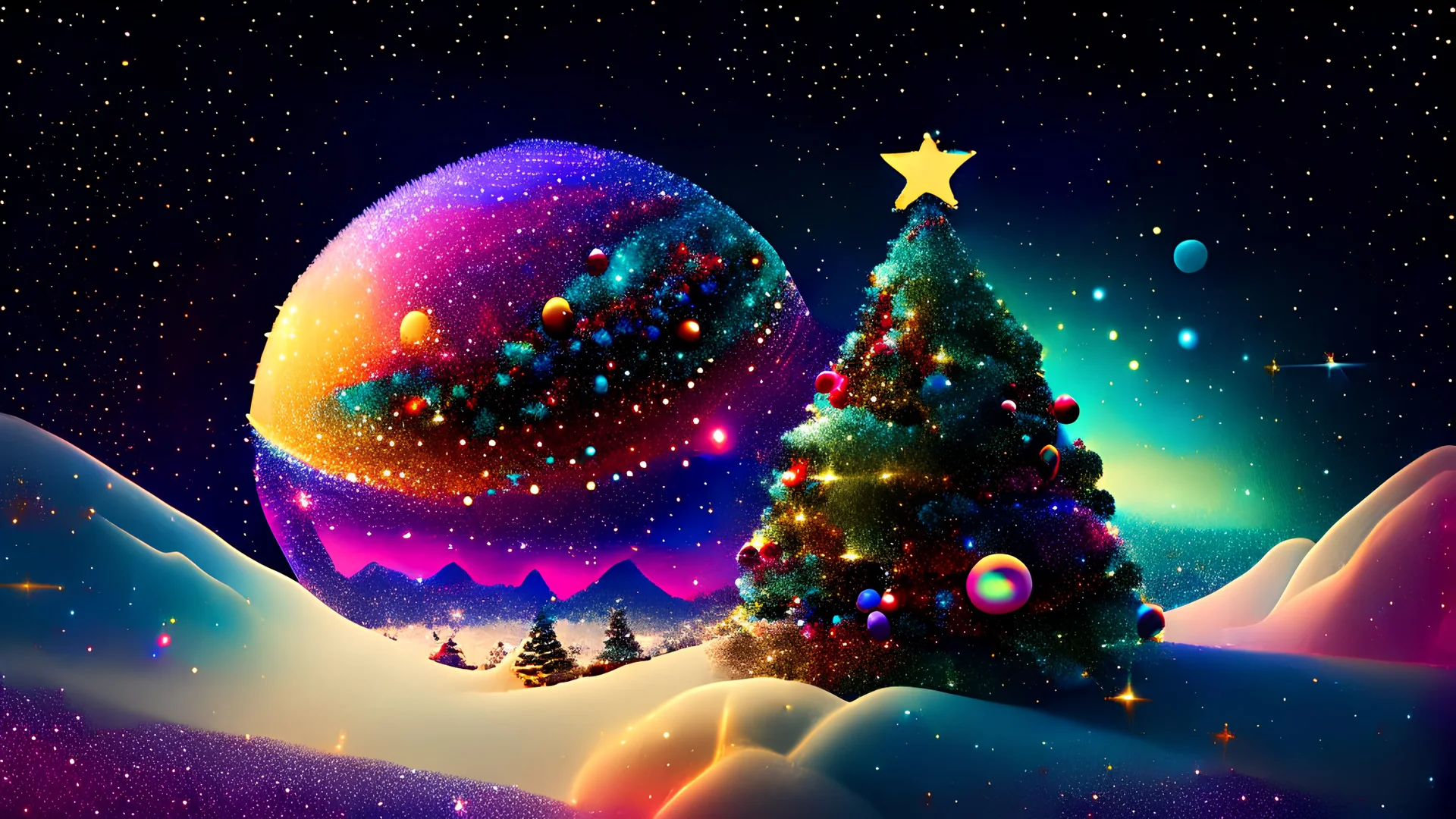 in the distance a colorful intricate christmas tree shaped planet similar to earth in a brig ażht nebula. Christmas gifts and toys. sparkles. Cinematic lighting,vast distances, swirl. fairies. magical DARKNESS. SHARP. EXTREME DEPTH. jellyfish