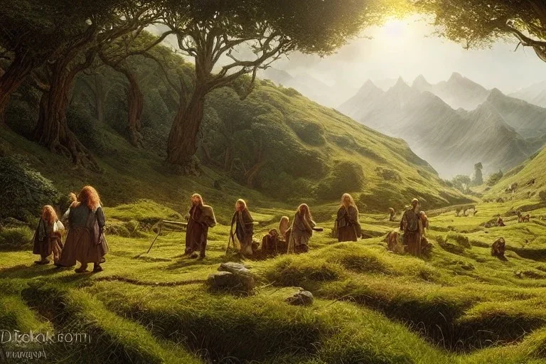 hobbits in the shire scenery landscape, lord of the rings, highly detailed, perfect lighting, perfect composition, 4 k, artgerm, derek zabrocki, greg rutkowski