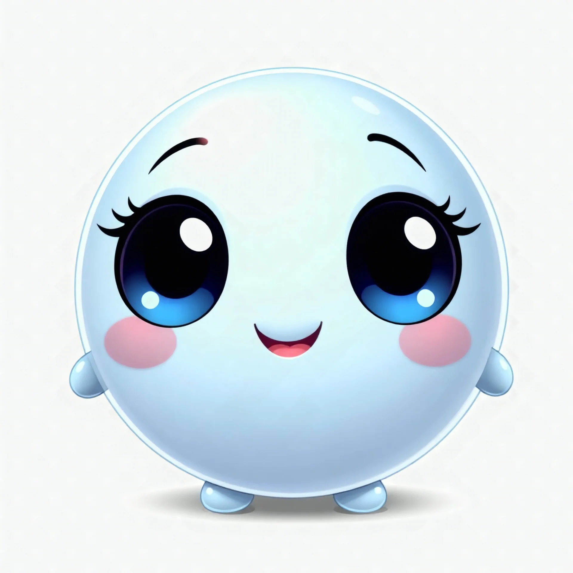 A cute, round ball character with big, adorable eyes and a sweet, friendly smile. The ball should have a smooth, glossy surface with a slight reflection, making it look soft and appealing. The eyes should be expressive, with a slight sparkle to give it a lively personality. The character should have small, stubby, and slightly flexible arms that add to its charm. The main body color should be #B3C9FF (soft pastel blue), with subtle shading and highlights to add depth.