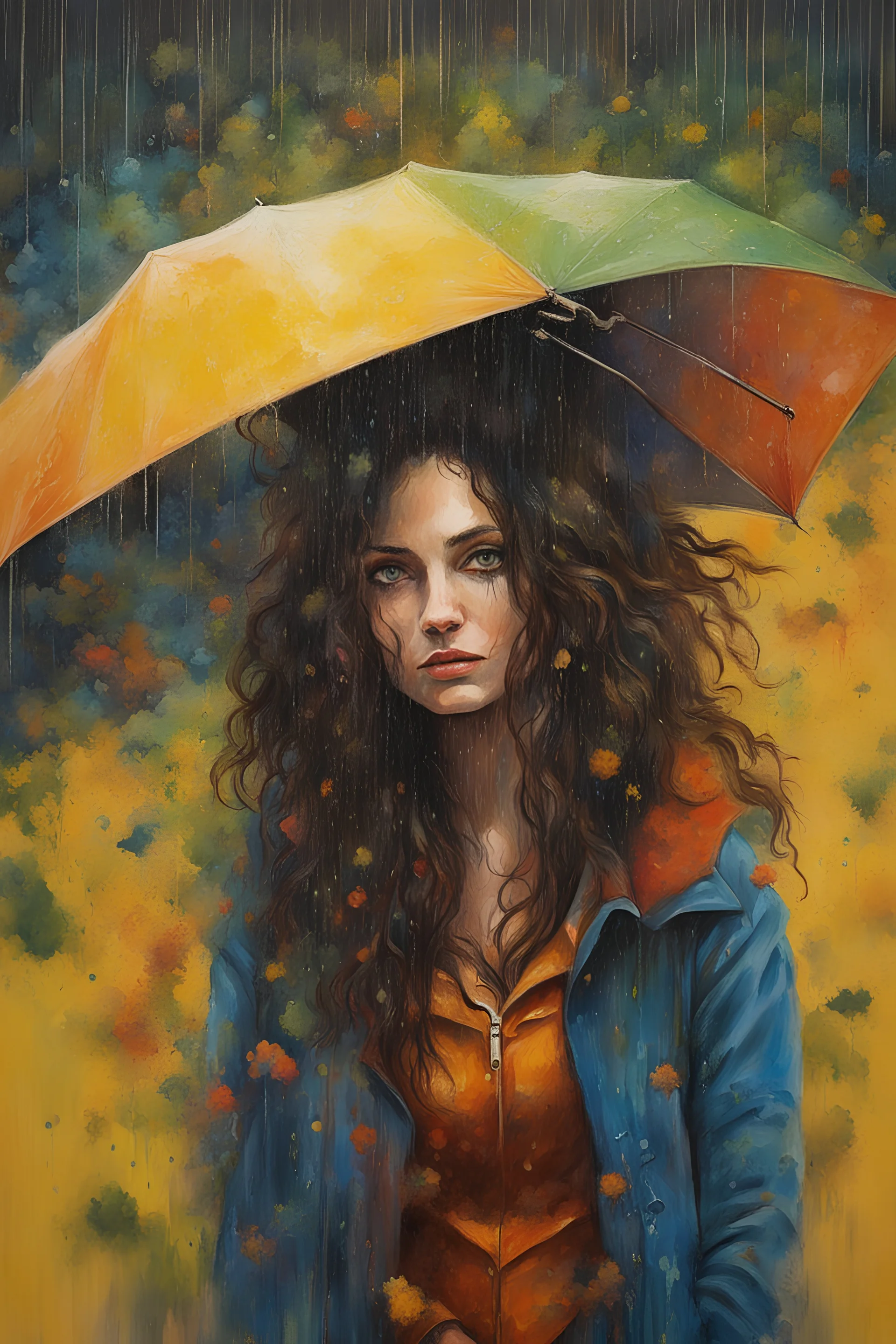 acrylic portrait of a woman, lush hair, rain, flowers, umbrella, autumn, paint blots, splashes, tears, plants, yellow, blue, green, orange colors