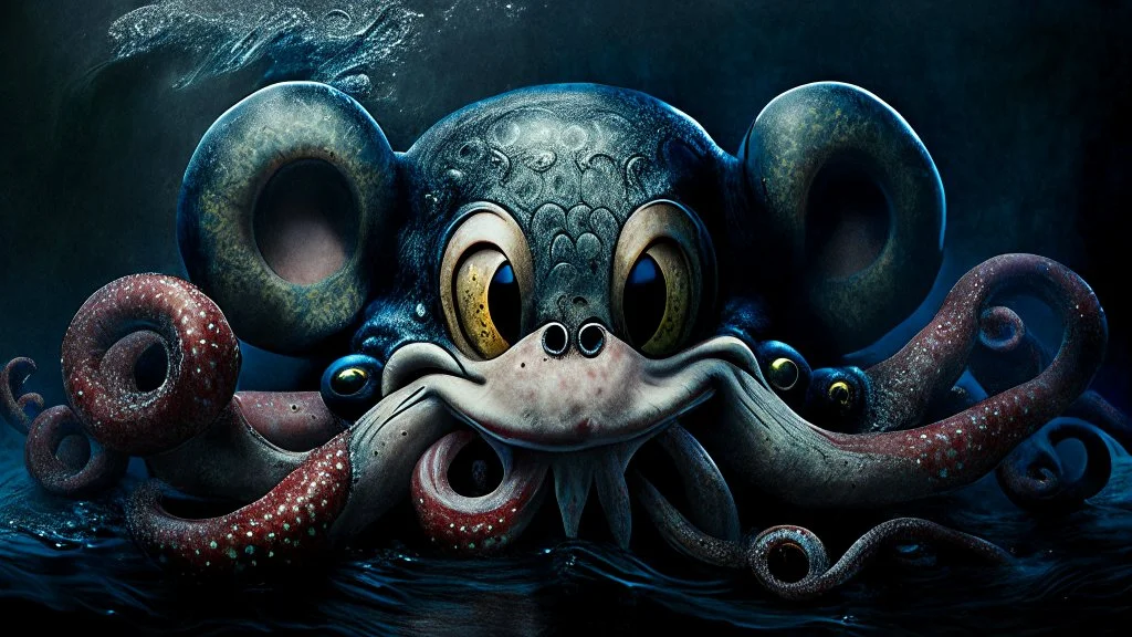 kraken octopus mickey mouse hybrid, photorealism, horror, evil, hungry, high resolution,