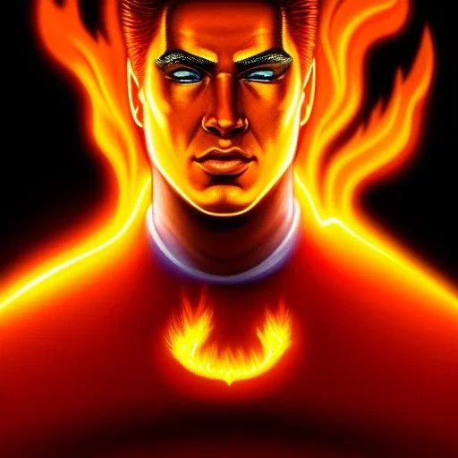 ultra detailed fullbody portrait of The Human Torch Marvel, enflamed, extremely detailed digital painting, intrincate, extremely detailed face,crystal clear Big eyes, in the style of clyde caldwell, mystical colors , perfectly centered image, perfect composition, rim light, beautiful lighting, 8k, stunning scene, raytracing